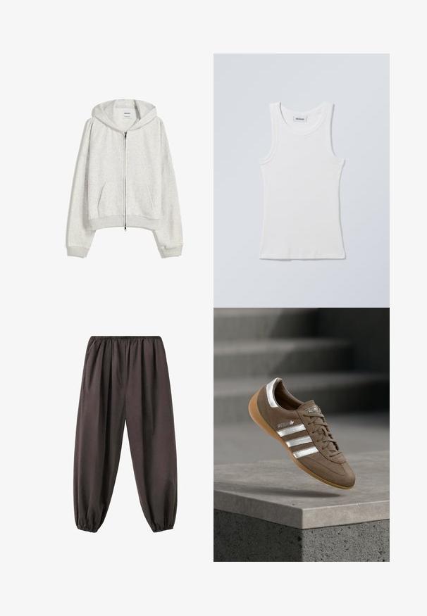 Lys grå cropped hoodie lavet af blødt stof; har en frontlynlås, stor hætte og ribbede manchetter og kant; inkluderer sidelommer.; Hvid bomulds tanktop med rund halsudskæring og brede skulderstropper. Har ribstrikket tekstur og lige kant forneden. Mærke vist ved halsudskæringen.; Løse mørkebrune bukser med elastisk talje og manchetter, lavet af blødt stof, designet til komfort og afslappet brug.; Brun ruskindssneaker med hvide striber og sølvdetaljer, med tekstureret overdel, snørelukning og gummisål i caramelfarve.