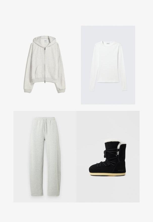 Lys grå cropped hoodie lavet af blødt stof; har en frontlynlås, stor hætte og ribbede manchetter og kant; inkluderer sidelommer.; Langærmet, enkel hvid T-shirt med rund halsudskæring og tætsiddende pasform, vist mod en lysegrå baggrund.; Lysegrå joggingbukser med elastisk linning og snørre. Stoffet har en blød tekstur og lige, løstsiddende ben.; Sort ruskindsstøvle med hvid pelsfor, der har snørebånd foran, polstret ankelstøtte og gummisål for godt greb.