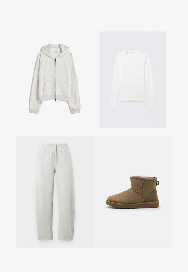 Lichtgrijze cropped hoodie van zachte stof; heeft een voorrits, grote capuchon en ribbelboorden aan de mouwen en onderkant; bevat zijzakken.; Effen wit shirt met lange mouwen en ronde hals, slim fit, afgebeeld tegen een lichtgrijze achtergrond.; Lichtgrijze joggingbroek met een elastische tailleband en trekkoord. De stof heeft een zachte textuur en rechtvallende, losse pijpen.; Bruine suède enkelboot met een zachte, pluizige voering, ronde neus en een lusaccent aan de achterkant. Vlakke rubberen zool met een gestructureerde grip.