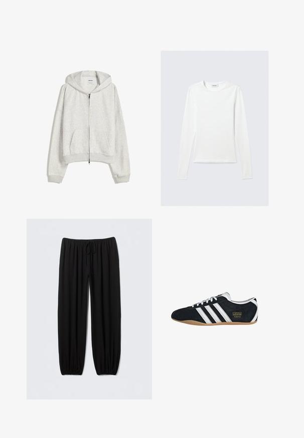 Lys grå cropped hoodie lavet af blødt stof; har en frontlynlås, stor hætte og ribbede manchetter og kant; inkluderer sidelommer.; Langærmet, enkel hvid T-shirt med rund halsudskæring og tætsiddende pasform, vist mod en lysegrå baggrund.; Sorte, løstsiddende bukser lavet af blødt stof; har en elastisk talje med justerbar snøre, tilspidsede ankler og ingen mønstre.; Sort ruskinds sneaker med hvide tre striber, guldlogo og en brun gummisål. Har et lavprofil snørebåndsdesign.