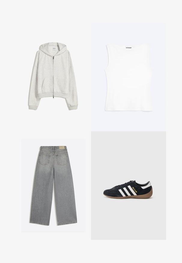 Lys grå cropped hoodie lavet af blødt stof; har en frontlynlås, stor hætte og ribbede manchetter og kant; inkluderer sidelommer.; Hvid tætsiddende ærmeløs tanktop med rund halsudskæring og minimalistisk design, mærket "WEEKDAY" indeni kraven.; Grå vidbenede denimjeans der viser bagsiden med to lommer og bæltestropper lagt fladt på hvid baggrund.; Sort ruskindssneaker med tre hvide striber, gummisål og et lille gyldent logo på siden. Har en glat sort foring indvendigt.