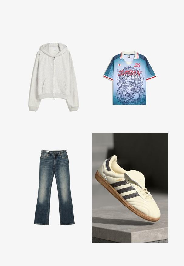 Lys grå cropped hoodie lavet af blødt stof; har en frontlynlås, stor hætte og ribbede manchetter og kant; inkluderer sidelommer.; Kortærmet blå og hvid sportstrøje med dragedesign, rød "JAPAN" tekst, nummer 26 og et lille japansk flag på brystet.; Blå denimjeans med let falmet effekt på lår og knæ, straight-leg snit, fem-lomme design og knaplukning i taljen.; Cremefarvede lædersneakers med tre mørke striber, en brun gummisål og en afrundet tå. Har en foldbar tunge mærket "SAMBA."