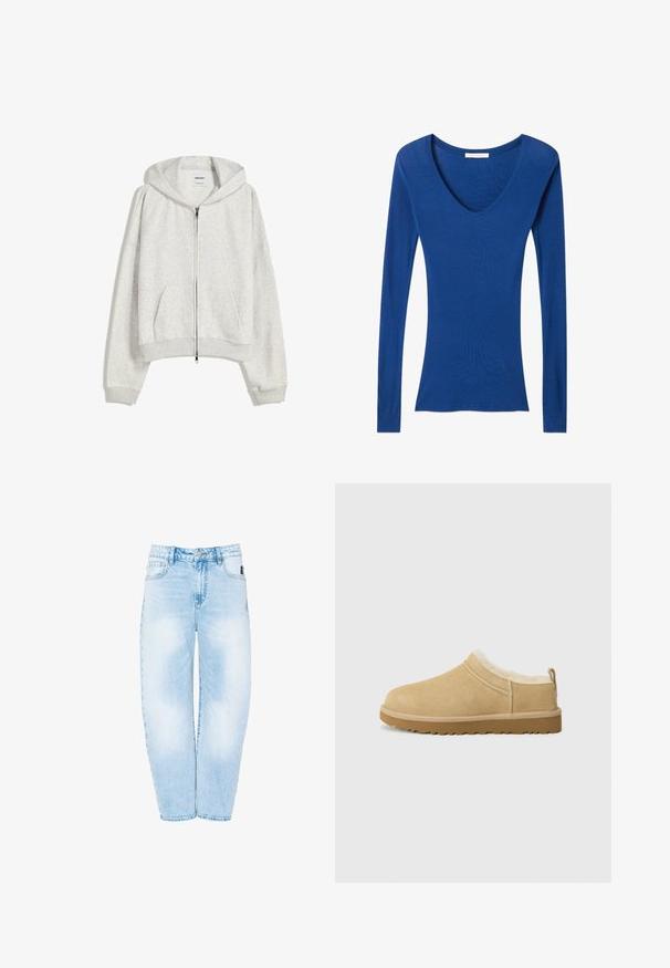 Lys grå cropped hoodie lavet af blødt stof; har en frontlynlås, stor hætte og ribbede manchetter og kant; inkluderer sidelommer.; Blå, tætsiddende bluse med lange ærmer og dyb V-hals, lavet af elastisk stof, vist fladt på en hvid baggrund.; Lyseblå denimjeans med høj talje, forreste knap og fem lommer, der har en let falmet vask og straight ben.; Suede slip-on sko i lys tan, med en blød pelsforing og tekstureret gummisål med en let hæl og bagestrop for nem påklædning.