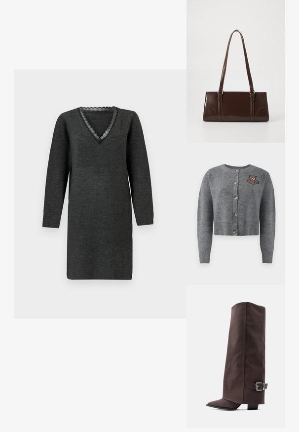Gilet en tricot gris avec un col rond, un ourlet à côtes, cinq boutons et un détail brodé d'ours sur le côté gauche.; Robe tricotée à manches longues gris foncé avec un décolleté en V, ornée d'une délicate bordure en dentelle le long du col.; Bottes marron montant jusqu'aux genoux, en matériau lisse, avec un bout pointu, un talon bas et un accent en boucle métallique sur le côté.; Sac à main en cuir verni marron de forme rectangulaire, avec deux longues poignées et des accents courbés subtils à l'avant.