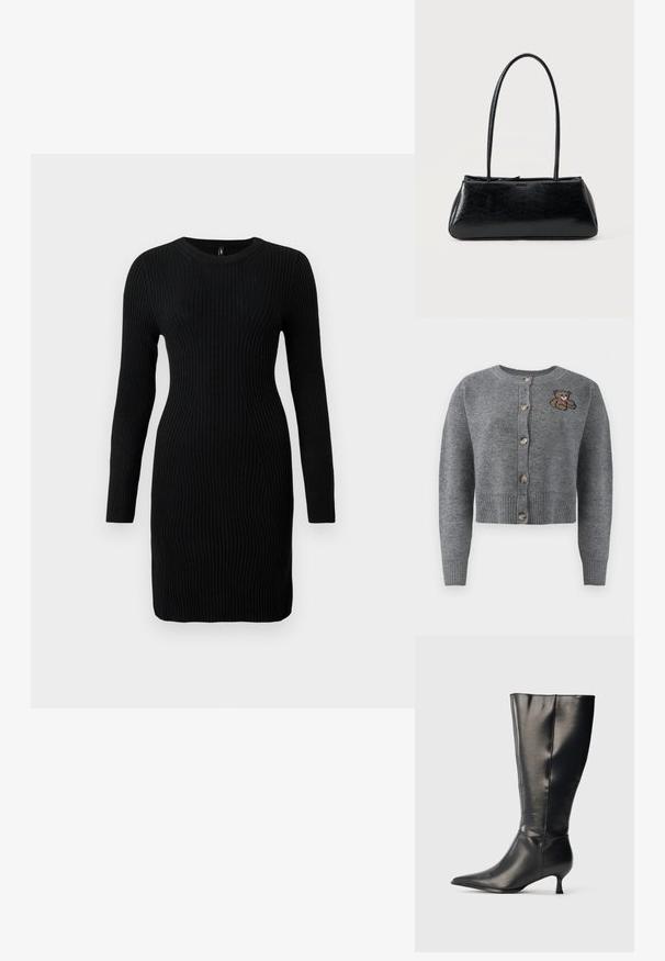 Cardigan gris de punto con cuello redondo, dobladillo acanalado, cinco botones y un detalle de oso bordado en el lado izquierdo.; Vestido negro de punto acanalado de manga larga con silueta ajustada y escote redondo, presentado sobre un fondo claro liso.; Bota negra de cuero hasta la rodilla, con punta afilada y tacón bajo tipo kitten, mostrada sobre un fondo claro y sencillo.; Bolso de hombro rectangular negro con correas largas y delgadas y una textura lisa y brillante sobre un fondo liso.