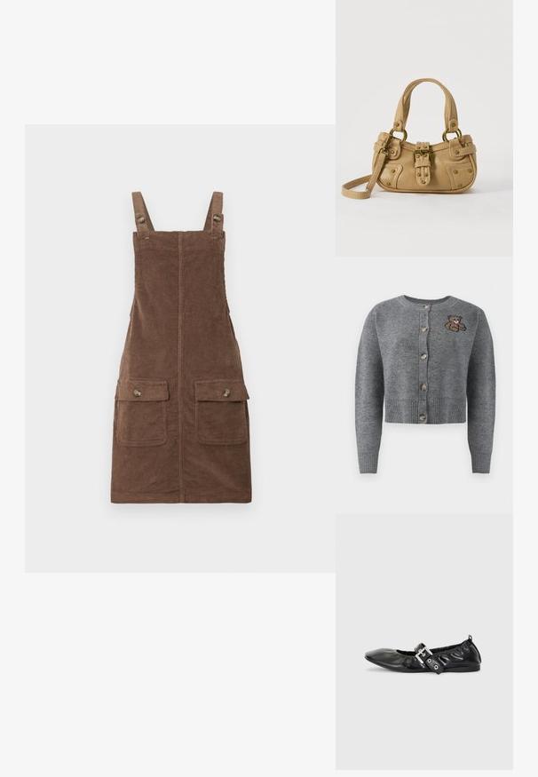 Grå strikket cardigan med rund halsudskæring, ribbet kant, fem knapper og en broderet bjørnedetalje på venstre side.; Brun fløjl overallkjole med justerbare stropper, to forlommer og en centralseam. Struktureret stof med et blødt udseende.; Sorte læder flade sko med spids tå, samling detaljer omkring åbningen, og en sølv spænde accent på den justerbare rem.; Beige læderhåndtaske med dobbelte håndtag, messing spænde og nitte detaljer samt en justerbar skulderrem mod en hvid baggrund.