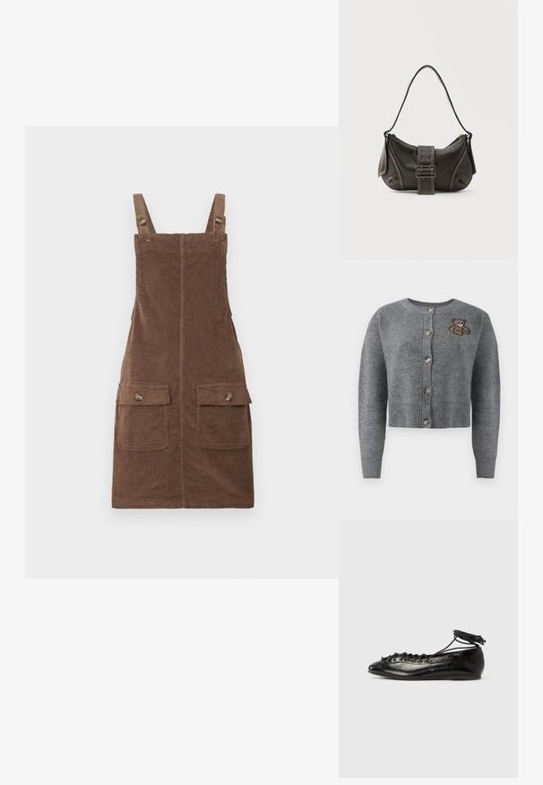 Grå strikket cardigan med rund halsudskæring, ribbet kant, fem knapper og en broderet bjørnedetalje på venstre side.; Brun fløjl overallkjole med justerbare stropper, to forlommer og en centralseam. Struktureret stof med et blødt udseende.; Sorte balletflade sko i laklæder med rundet tå, snørelukning og flad sål. Glat tekstur med få detaljer.; Sort læder skuldertaske med spænde på remmen, afrundede kanter og kontrasterende hvide syninger på en ensfarvet baggrund.