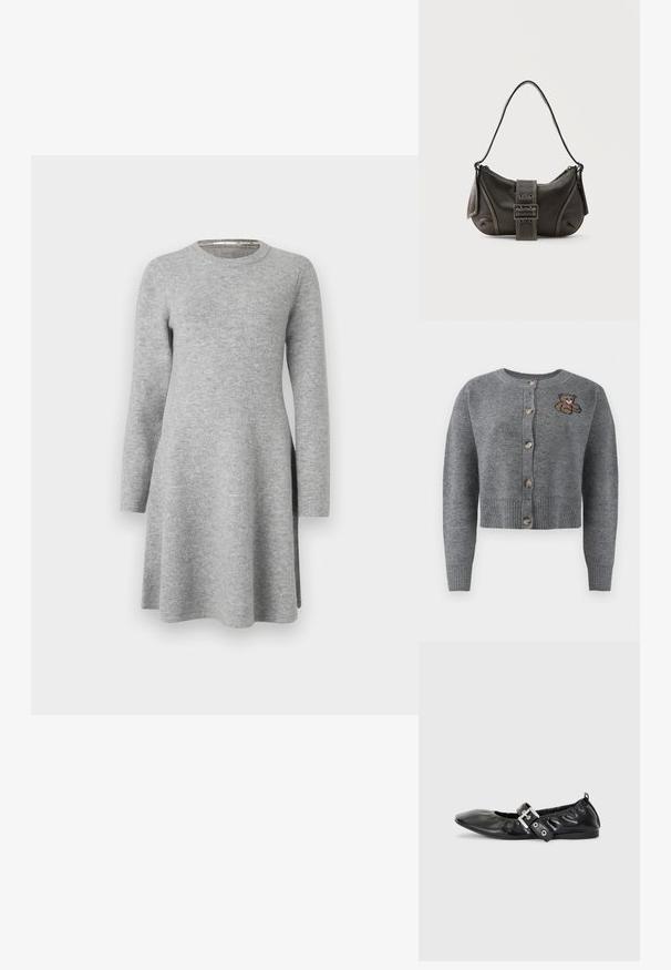 Gilet en tricot gris avec un col rond, un ourlet à côtes, cinq boutons et un détail brodé d'ours sur le côté gauche.; Robe grise à manches longues en tissu doux ; présente un col rond et une coupe décontractée, s'évasant légèrement à l'ourlet avec des fentes latérales.; Chaussure plate en cuir noir avec un nez pointu, des détails froncés autour de l'ouverture et un accent en boucle argentée sur la bride ajustable.; Sac à épaule en cuir noir avec une sangle à boucle, des bords arrondis et des coutures blanches contrastées sur un fond uni.