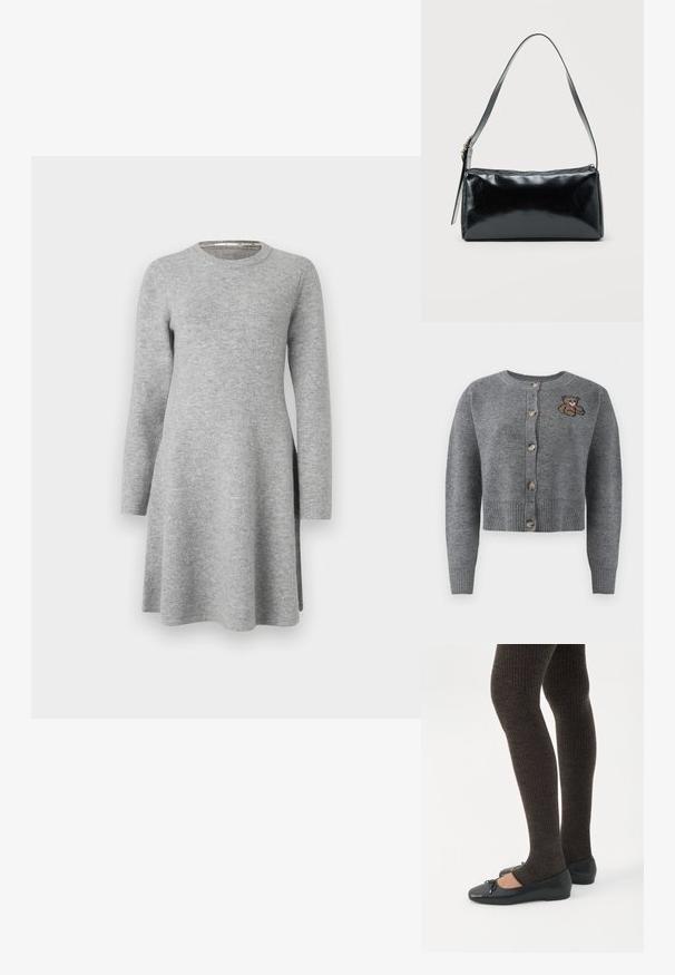 Grå strikket cardigan med rund halsudskæring, ribbet kant, fem knapper og en broderet bjørnedetalje på venstre side.; Grå langærmet kjole lavet af blødt stof; har en rund halsudskæring og en afslappet pasform, der flarer let ved kanten med sideslids.; Ben iført mørke ribbede leggings kombineret med sorte balletsko med små sløjfedetaljer på hvid baggrund.; Sort rektangulær skuldertaske med en enkelt justerbar rem og lynlås i toppen på en ensfarvet baggrund.
