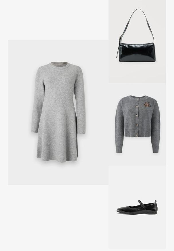 Grijze gebreide cardigan met een ronde hals, geribbelde onderrand, vijf knopen en een geborduurd berenmotief aan de linkerkant.; Grijze langslavend dress van zachte stof; heeft een ronde halslijn en een ontspannen pasvorm, die iets uitloopt aan de zoom met zijsplitten.; Zwarte patenten leren ballerina met een spitse neus, een enkelbandje met een gesp en een gladde, glanzende textuur. Lage hak voor comfort.; Zwarte rechthoekige schoudertas met een enkele verstelbare band en een bovenste ritssluiting op een effen achtergrond.