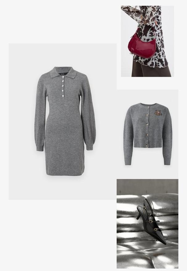 Cardigan gris de punto con cuello redondo, dobladillo acanalado, cinco botones y un detalle de oso bordado en el lado izquierdo.; Vestido de punto gris con cuello, mangas abullonadas largas y un frente abotonado que cuenta con cinco botones. Textura suave con una silueta ajustada.; Zapato de tacón slingback negro con punta puntiaguda y dos correas con hebillas doradas, descansando sobre una superficie acolchada plateada y brillante.; Mujer con blusa de estampado en blanco y negro sosteniendo un bolso de hombro rojo brillante sobre un fondo liso.
