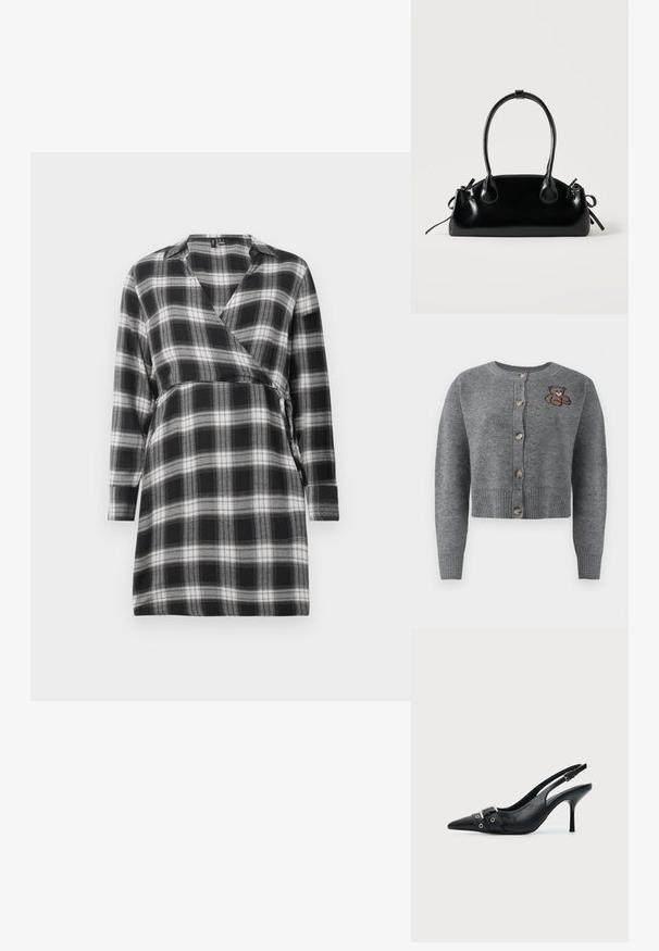 Grå strikket cardigan med rund halsudskæring, ribbet kant, fem knapper og en broderet bjørnedetalje på venstre side.; Sort og hvid ternet omslagskjole med lange ærmer, V-udskæring og et bånd i taljen. Blødt stof med et ternet mønster overalt.; Sort læder højhælet sko med spidst tåparti, slingback og rem med spænde og nitter foran.; Lille sort blank håndtaske med to lange håndtag og snøre-detaljer i siden på en ensfarvet lys baggrund.