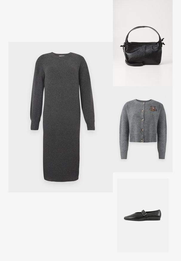 Grauer Strickcardigan mit rundem Halsausschnitt, geripptem Saum, fünf Knöpfen und einem gestickten Bärenmotiv auf der linken Seite.; Dunkelgraues Strickkleid mit langen Ärmeln, rundem Ausschnitt und gerippten Bündchen. Knielang und mit glatter Textur. Einfaches Design ohne Muster.; Schwarze Lederflachschuhe mit spitzem Zehenbereich, ausgestattet mit einem metallischen Riemen über dem Spann und einer niedrigen, flexiblen Sohle.; Schwarze Lederhandtasche mit strukturiertem Design, rundem Haltegriff und abnehmbarem Schulterriemen. Sie weist eine glatte Oberfläche und einen subtilen Glanz auf.