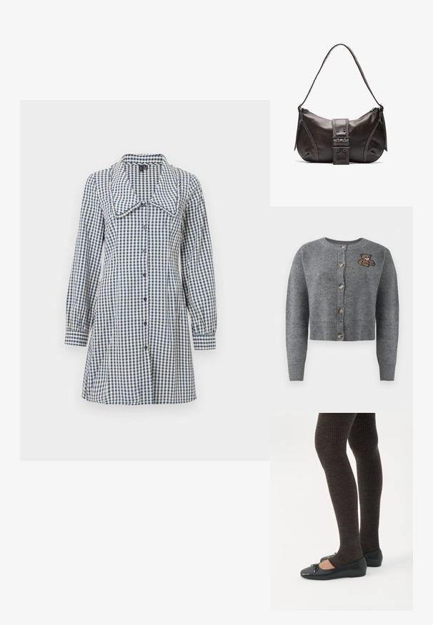 Grå strikket cardigan med rund halsudskæring, ribbet kant, fem knapper og en broderet bjørnedetalje på venstre side.; Blå og hvid ternet kjole med stor krave, lange pufærmer og knaplukning foran. Blødt bomulds materiale.; Ben iført mørke ribbede leggings kombineret med sorte balletsko med små sløjfedetaljer på hvid baggrund.; Brun læder skuldertaske med en buet form, der har et fremtrædende spænde, kontrasterende syninger og en enkelt skulderrem.