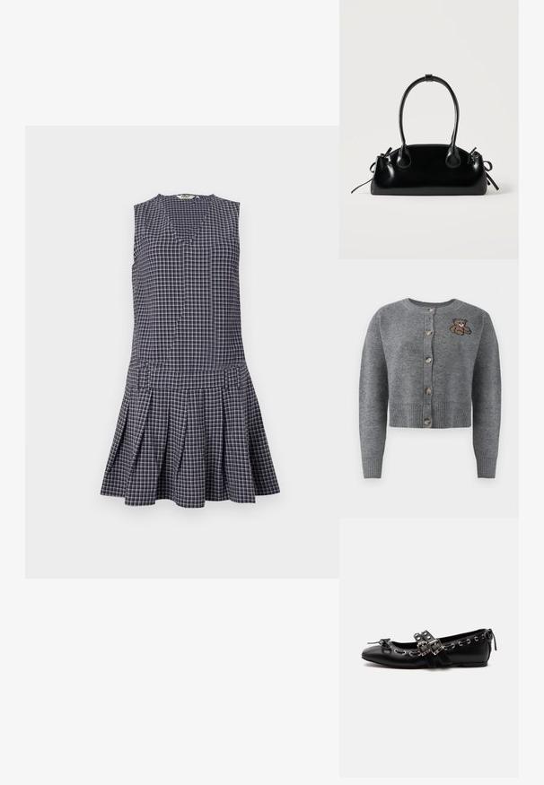 Cardigan gris de punto con cuello redondo, dobladillo acanalado, cinco botones y un detalle de oso bordado en el lado izquierdo.; Vestido de cuadros en navy con escote en V, diseño sin mangas, falda con plisados y cintura estructurada. Hecho de una tela ligera.; Zapato de ballet plano negro con correas de doble hebilla, ojales plateados y un pequeño lazo cerca de la puntera redondeada sobre un fondo blanco.; Pequeño bolso negro brillante con dos asas largas y detalles de cordón lateral sobre un fondo claro liso.