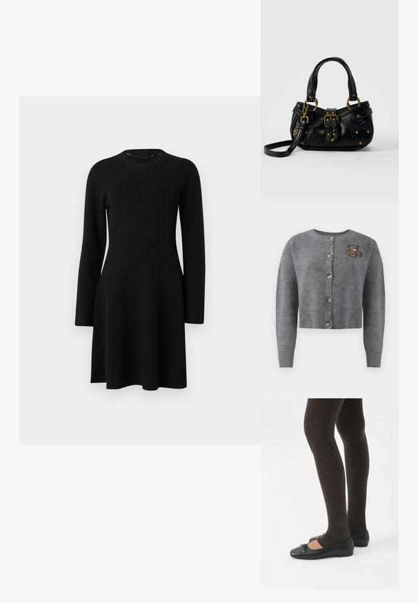Grå strikket cardigan med rund halsudskæring, ribbet kant, fem knapper og en broderet bjørnedetalje på venstre side.; Sort langærmet kjole lavet af blødt stof. Har en rund halsudskæring, tætsiddende overdel og flagrende skirt, med en glat tekstur. Ingen mønstre eller accenter.; Ben iført mørke ribbede leggings kombineret med sorte balletsko med små sløjfedetaljer på hvid baggrund.; Sort læderhåndtaske med guldbælge og nitdetaljer, korte håndtag og en justerbar skulderrem på en ensfarvet hvid baggrund.