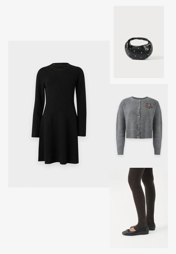 Grå strikket cardigan med rund halsudskæring, ribbet kant, fem knapper og en broderet bjørnedetalje på venstre side.; Sort langærmet kjole lavet af blødt stof. Har en rund halsudskæring, tætsiddende overdel og flagrende skirt, med en glat tekstur. Ingen mønstre eller accenter.; Ben iført mørke ribbede leggings kombineret med sorte balletsko med små sløjfedetaljer på hvid baggrund.; Sort læderhåndtaske med en rundet form, dekoreret med sølvnitter, og et kort håndtag. Glat tekstur og lynlåslukning.
