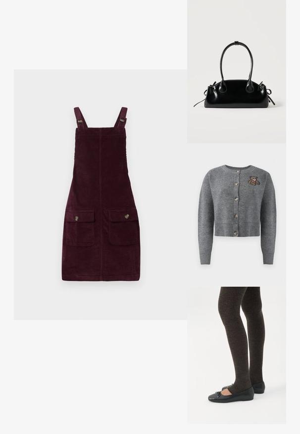 Grå strikket cardigan med rund halsudskæring, ribbet kant, fem knapper og en broderet bjørnedetalje på venstre side.; Fløjlskjole i dyb burgunder, med justerbare stropper, forlommer med metalbeslag og en tætsiddende pasform. Tekstureret stof.; Ben iført mørke ribbede leggings kombineret med sorte balletsko med små sløjfedetaljer på hvid baggrund.; Lille sort blank håndtaske med to lange håndtag og snøre-detaljer i siden på en ensfarvet lys baggrund.