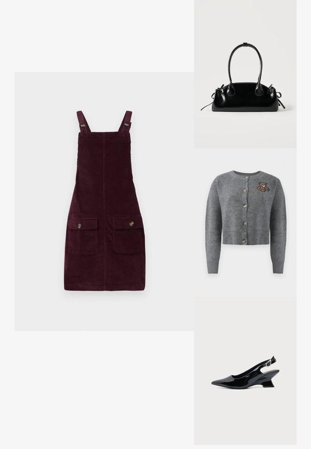 Grå strikket cardigan med rund halsudskæring, ribbet kant, fem knapper og en broderet bjørnedetalje på venstre side.; Fløjlskjole i dyb burgunder, med justerbare stropper, forlommer med metalbeslag og en tætsiddende pasform. Tekstureret stof.; Sort laklæder slingback sko med spids tå og lav vinklet blokhæl på ensartet lys baggrund.; Lille sort blank håndtaske med to lange håndtag og snøre-detaljer i siden på en ensfarvet lys baggrund.