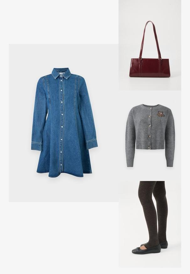 Grijze gebreide cardigan met een ronde hals, geribbelde onderrand, vijf knopen en een geborduurd berenmotief aan de linkerkant.; Blauwe denim jurk met lange mouwen, kraag, knoopsluiting aan de voorkant en naaddetails, licht uitlopend aan de zoom.; Benen met donkere geribbelde leggings gecombineerd met zwarte ballerina's met kleine strikdetails op een witte achtergrond.; Bourgondische handtas van glanzend materiaal, rechthoekige vorm, met twee schouderbanden en subtiele gebogen accenten aan de voorkant.
