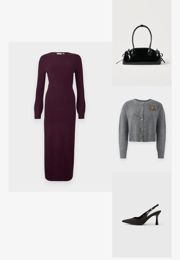 Grå strikket cardigan med rund halsudskæring, ribbet kant, fem knapper og en broderet bjørnedetalje på venstre side.; Bordeaux langærmet strikkjole med en tætsiddende silhuet, rund halsudskæring og ribbet tekstur; knælang med let udvidede ærmer.; Sorte slingback hæle med spids tå, glat mat finish og en slank, blank hæl. Justerbar rem med lille spænde detaljer.; Lille sort blank håndtaske med to lange håndtag og snøre-detaljer i siden på en ensfarvet lys baggrund.