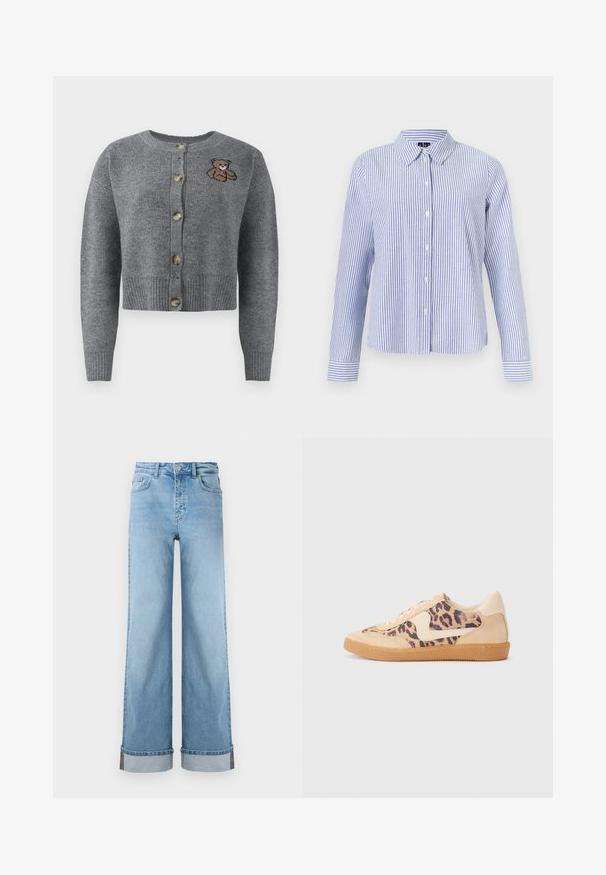 Grå strikket cardigan med rund halsudskæring, ribbet kant, fem knapper og en broderet bjørnedetalje på venstre side.; Langærmet skjorte med knapper med hvide og lyseblå lodrette striber og en spids krave vist på en ensfarvet baggrund.; Lyseblå, vide jeans i klassisk denim med høj talje, prydet med opbrettede kanter og synlig søm.; Leopardprint sneakers med beige ruskindsoverdel, tan gummisål og hvide detaljer. Rund pegefinger og snørebåndsdesign med en tekstureret finish.