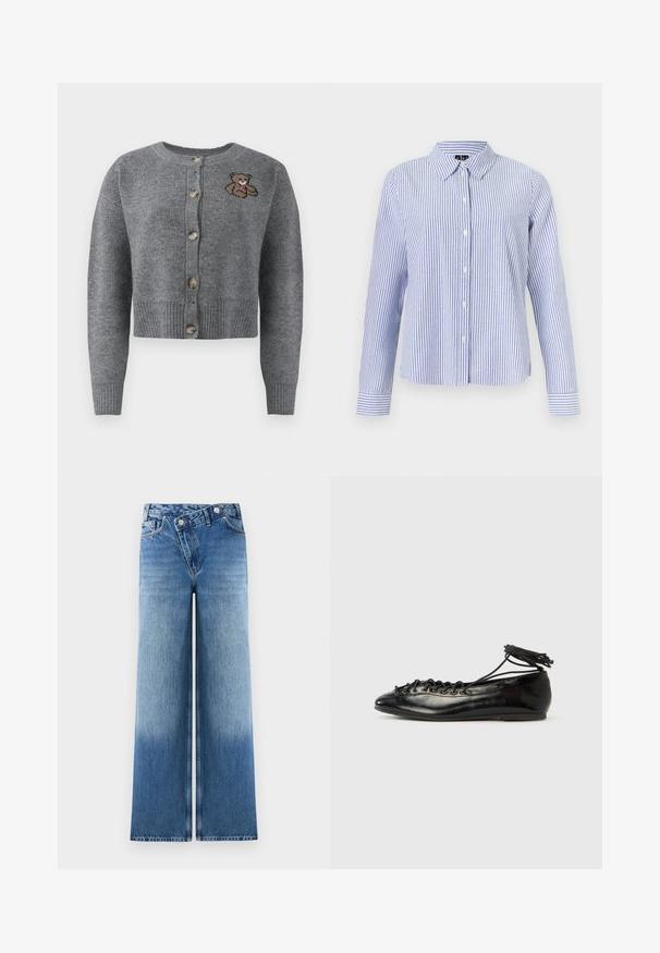 Cardigan gris de punto con cuello redondo, dobladillo acanalado, cinco botones y un detalle de oso bordado en el lado izquierdo.; Camisa de manga larga con botones, con rayas verticales blancas y azul claro y cuello puntiagudo, mostrada sobre un fondo liso.; Jeans de pierna ancha en azul claro con un lavado deslavado, que cuentan con un diseño clásico de cinco bolsillos y detalles de botones metálicos en la cintura.; Zapatos planos tipo ballet de charol negro con punta redondeada, diseño con cordones y suela plana. Textura lisa con detalles mínimos.