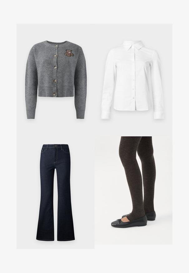 Grå strikket cardigan med rund halsudskæring, ribbet kant, fem knapper og en broderet bjørnedetalje på venstre side.; Hvid skjorte med lange ærmer, knapper, spids krave, lige kant og tætsiddende silhuet, vist på en ensartet lys baggrund.; Mørkeblå højhælede denim jeans med flared ben, frontknap og lynlås samt femlomme-design.; Ben iført mørke ribbede leggings kombineret med sorte balletsko med små sløjfedetaljer på hvid baggrund.