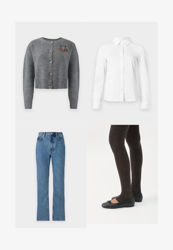 Grå strikket cardigan med rund halsudskæring, ribbet kant, fem knapper og en broderet bjørnedetalje på venstre side.; Hvid skjorte med lange ærmer, knapper, spids krave, lige kant og tætsiddende silhuet, vist på en ensartet lys baggrund.; Lyseblå denim jeans med høj talje, lige ben og et klassisk fem-lomme design. Har metalknap og nitter.; Ben iført mørke ribbede leggings kombineret med sorte balletsko med små sløjfedetaljer på hvid baggrund.