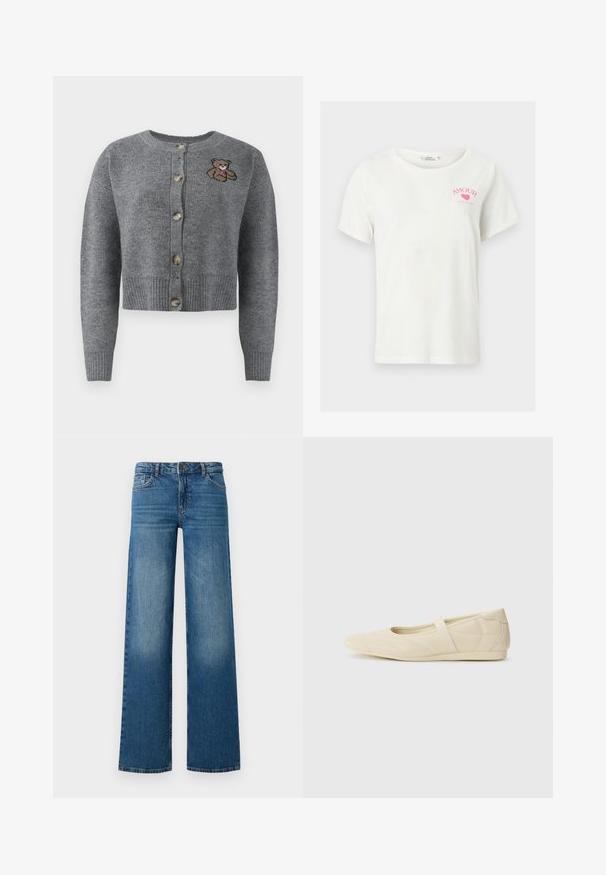 Grijze gebreide cardigan met een ronde hals, geribbelde onderrand, vijf knopen en een geborduurd berenmotief aan de linkerkant.; Witte T-shirt met korte mouwen, met een roze hart en de tekst "AMOUR SINCE 1991" op de linkerborst.; Wijde blauwe jeans met een vervaagd effect, vijf zakken en een knoopsluiting. Gemaakt van denim met een gladde, stevige textuur.; Beige ballerina's met een gladde leren buitenkant, amandelvormige punt en elastische band over de wreef, met subtiele stiksels.