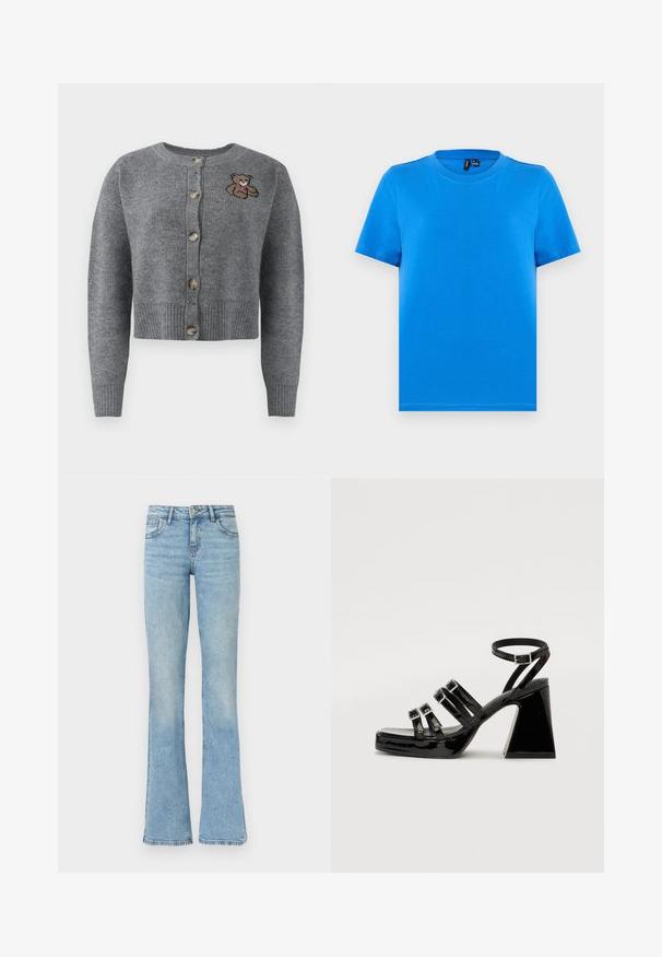 Grijze gebreide cardigan met een ronde hals, geribbelde onderrand, vijf knopen en een geborduurd berenmotief aan de linkerkant.; Effen blauwe korte mouw T-shirt met ronde hals en zichtbare kraagstiksels, plat uitgestald op een lichtgrijze achtergrond.; Lichtblauwe spijkerbroek met hoge taille en uitlopende pijpen, voorzien van voorzakken, riemlussen en een knoopsluiting.; Zwarte lakleren sandaaltjes met hoge hakken, vierkante neus, meerdere bandjes ontwerp, verstelbare enkelband en een chunky geometrische hak.