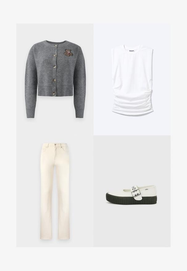Grauer Strickcardigan mit rundem Halsausschnitt, geripptem Saum, fünf Knöpfen und einem gestickten Bärenmotiv auf der linken Seite.; Weißes ärmelloses T-Shirt mit rundem Halsausschnitt, gepolsterten Schultern und gerafften Seiten, flach auf hellem Hintergrund ausgelegt.; Beige Denim-Jeans im klassischen geraden Schnitt. Besitzt fünf Taschen, einen Reißverschluss und dezente Nähte entlang der Nähte.; Weißer Vans Mary Jane Schuh mit dicker schwarzer gerippter Sohle und großem silbernen Schnallenriemen vor einfachem grauem Hintergrund.