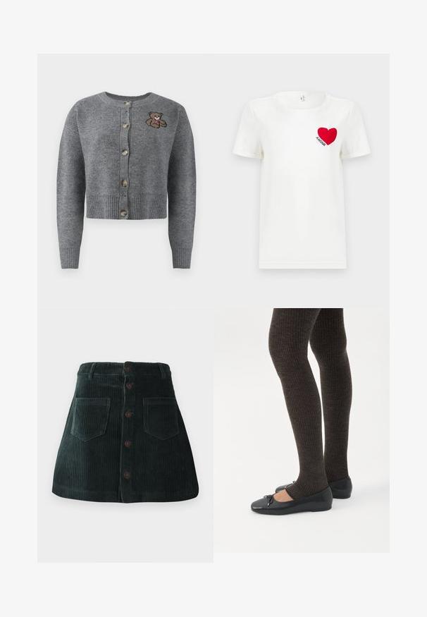 Grå strikket cardigan med rund halsudskæring, ribbet kant, fem knapper og en broderet bjørnedetalje på venstre side.; Hvid T-shirt med korte ærmer, prydet med et rødt hjerte og ordet "AMOUR" trykt på venstre bryst.; Mørkegrøn kordskørt med frontknapper, to store frontlommer og bæltestropper, præsenteret på hvid baggrund.; Ben iført mørke ribbede leggings kombineret med sorte balletsko med små sløjfedetaljer på hvid baggrund.