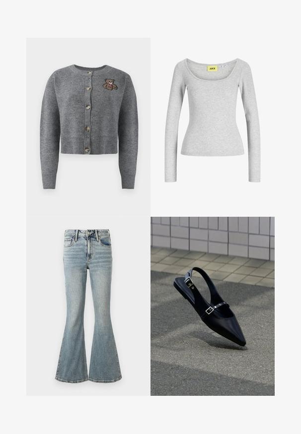 Grauer Strickcardigan mit rundem Halsausschnitt, geripptem Saum, fünf Knöpfen und einem gestickten Bärenmotiv auf der linken Seite.; Hellgraues, enganliegendes Langarmoberteil mit weitem Rundhalsausschnitt und gelbem Markenetikett "JJXX" innen am Kragen eingenäht.; Hellblaue, hoch taillierte Jeans mit ausgestelltem Bein, Frontknopf, Reißverschluss und Fünf-Taschen-Design auf weißem Hintergrund.; Schwarzer Slingback-Flachschuh mit spitz zulaufender Spitze und doppelten Schnallenriemen, ruhend auf grauem Asphalt nahe einer gefliesten Wand.