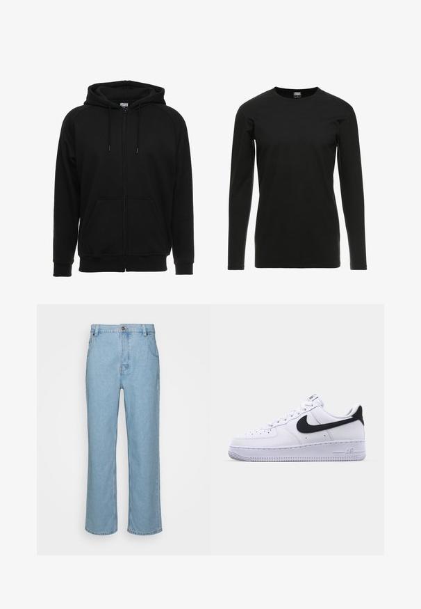 Sort hættejakke med lynlås lavet af blødt materiale, med hætte, frontlommer og ribstrikkede manchetter. Enkel design uden mønstre eller accenter.; Urban Classics STRETCH TERRY - Langærmet T-shirt - black; Lysblå denim jeans med lige ben design, der har knaplukning, bæltestropper og to forlommer.; Hvide lædersneakers med en struktureret sort Swoosh, flade snørebånd og en gummisål med et rillemønster. "AIR" er præget på hælen.