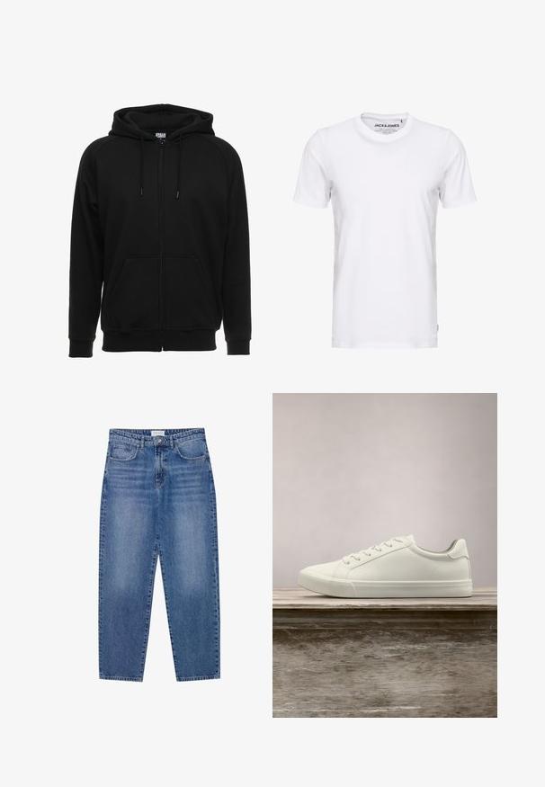 Zwarte hoodie met rits gemaakt van zacht materiaal, voorzien van een capuchon, voorzakken en geribbelde boorden. Eenvoudig ontwerp zonder patronen of accenten.; Witte korte mouwen t-shirt van katoen, met een ronde hals en een eenvoudig ontwerp. Merktag zichtbaar op het nekgebied. Geen patronen of accenten.; Blauwe denim jeans met een hoge taille, rechte pijpen en een vervaagde afwerking. Beschikt over vijf zakken en een knoopsluiting.; Witte vetersneaker die boven een houten bank zweeft met groene bladeren op de achtergrond, waarbij het ontwerp en de textuur van de schoen worden getoond.