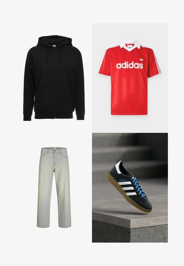 Sort hættejakke med lynlås lavet af blødt materiale, med hætte, frontlommer og ribstrikkede manchetter. Enkel design uden mønstre eller accenter.; Rød Adidas sportstrøje med hvid krave, tre hvide striber på ærmerne og Adidas-logo centreret på brystet.; Lysegrå, lige jeans med en klassisk fem-lomme design, knaplukning og bæltestropper. Fremstillet af denimstof med en glat tekstur.; Sort Adidas sneaker med hvide striber, blå snørebånd og gummisål, der svæver over gråt betontrin i blødt lys.
