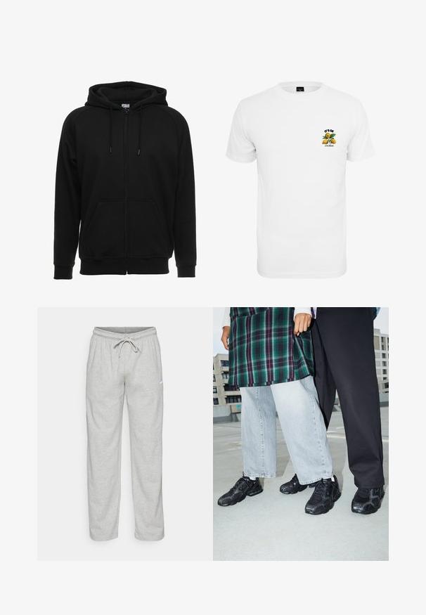 Sort hættejakke med lynlås lavet af blødt materiale, med hætte, frontlommer og ribstrikkede manchetter. Enkel design uden mønstre eller accenter.; Hvid bomulds T-shirt med et frontgrafik af citroner og teksten: "DET ER OK at være anderledes." Klassisk rund hals og korte ærmer.; Lys grå sweatpants lavet af blødt stof. Har en elastisk talje med snøre og Nike-logo i sort på venstre lår.; Sorte atletik sko med mesh- og gummidetaljer. Båret med lysegrå vide jeans og en ternet grøn bluse. Flad overflade i baggrunden.