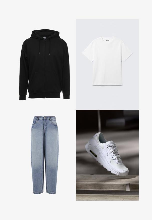 Sort hættejakke med lynlås lavet af blødt materiale, med hætte, frontlommer og ribstrikkede manchetter. Enkel design uden mønstre eller accenter.; Hvid kortærmet crewneck T-shirt lagt fladt ud, ensfarvet design, med "WEEKDAY" mærkat inde i kraven på en lys baggrund.; Blå high-waisted løstsiddende jeans med forlommer, bæltestropper, knaplukning og falmede detaljer langs benene.; Hvide Nike Air Max 90 sneakers med en overdel i mesh og læder, perforeret tåboks og en synlig luftenhed i hælen.
