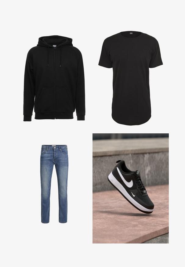 Sweat à capuche noir zippé en matière douce, avec une capuche, des poches avant et des poignets côtelés. Design simple sans motifs ni accents.; T-shirt noir à manches courtes en coton. Présente un col rond et une coupe droite avec un ourlet arrière légèrement plus long. Texture douce.; Jean en denim bleu avec une coupe droite, cinq poches, un léger délavage, et une fermeture à bouton à la taille. Détails de couture sur tout le vêtement.; Baskets Nike Air Force 1 noir et blanc suspendues au-dessus d'une surface en béton rose avec un fond en pierre grise.