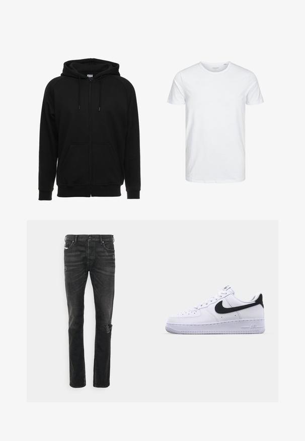 Sort hættejakke med lynlås lavet af blødt materiale, med hætte, frontlommer og ribstrikkede manchetter. Enkel design uden mønstre eller accenter.; Rundhals kortærmet t-shirt i ensfarvet hvid, lavet af blød bomuld, har et simpelt design uden synlige mønstre eller detaljer.; Sorte denimbukser med lige pasform, med slidninger ved knæet, fem lomme-design og subtile lysninger i stofstrukturen.; Hvide lædersneakers med en struktureret sort Swoosh, flade snørebånd og en gummisål med et rillemønster. "AIR" er præget på hælen.