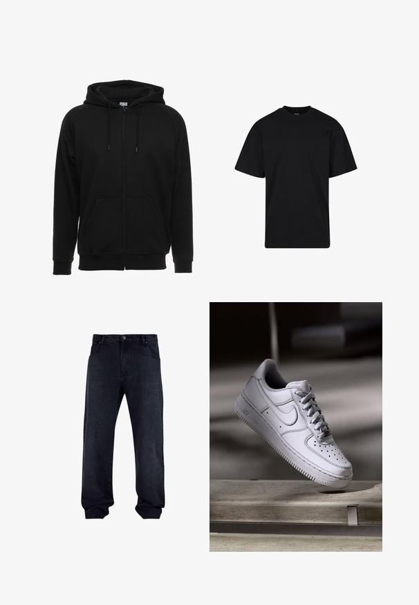 Sweat à capuche noir zippé en matière douce, avec une capuche, des poches avant et des poignets côtelés. Design simple sans motifs ni accents.; T-shirt noir à manches courtes avec col rond, coupe décontractée, design simple sans logos ni motifs visibles.; Jeans en denim bleu foncé avec une coupe droite. Comprend cinq poches, un bouton et une fermeture éclair, ainsi que des détails de couture visibles.; La basket Nike Air Force 1 en cuir blanc présente un embout perforé, des lacets plats et une semelle en caoutchouc texturée avec le logo « AIR » sur le côté.