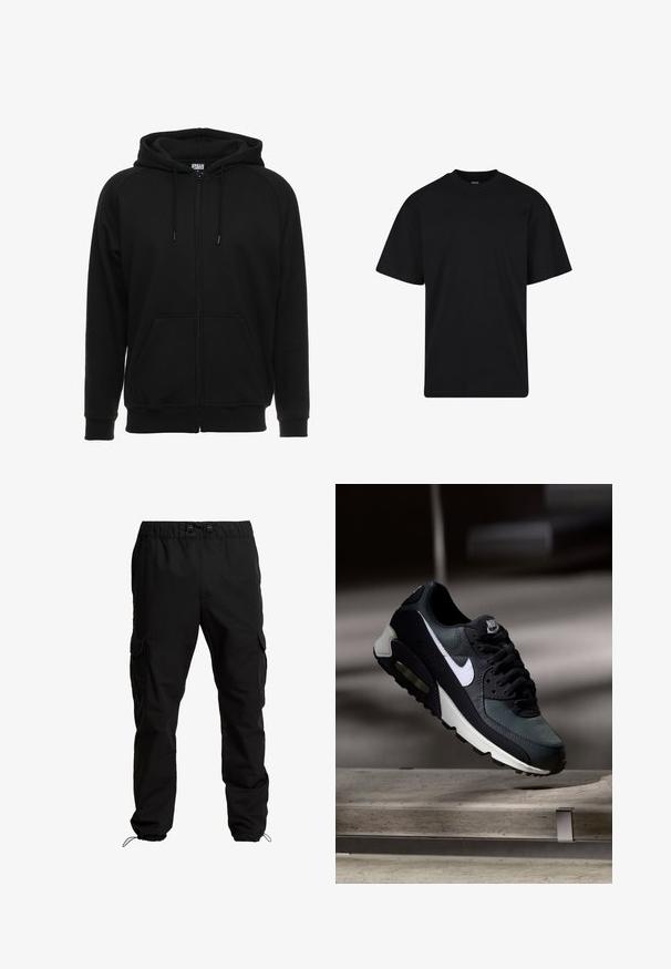 Sort hættejakke med lynlås lavet af blødt materiale, med hætte, frontlommer og ribstrikkede manchetter. Enkel design uden mønstre eller accenter.; Sort T-shirt med korte ærmer og rund hals, afslappet pasform, ensfarvet design uden synlige logoer eller mønstre.; Sorte cargobukser lavet af slidstærkt stof, med elastisk talje, justerbare snore og sidelommer med klaplukninger.; Sort og grå Nike Air Max sneaker med hvid swoosh, ophængt over en betongulv mod en sløret mørk baggrund.