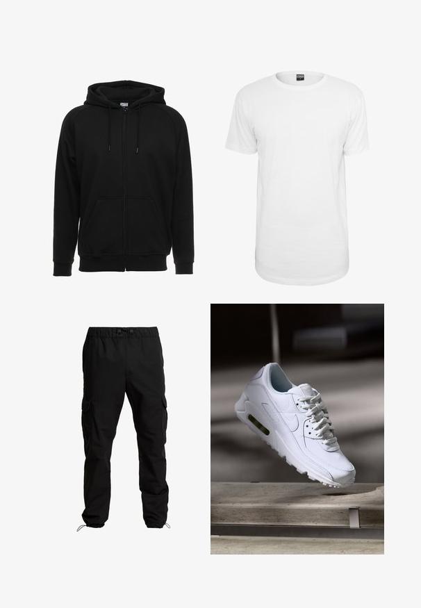 Zwarte hoodie met rits gemaakt van zacht materiaal, voorzien van een capuchon, voorzakken en geribbelde boorden. Eenvoudig ontwerp zonder patronen of accenten.; Witte kortemouwen T-shirt van katoen, met een klassieke ronde hals, een relaxte pasvorm en geen zichtbare patronen of logo's.; Zwarte cargobroek van duurzaam materiaal, met een elastische tailleband, verstelbare trekkoorden en zijzakken met kleppen.; Witte leren sneaker met gestructureerde oppervlakken, gevoerde kraag en zichtbare luchtbescherming in de zool. Heeft veters en een minimalistisch ontwerp.
