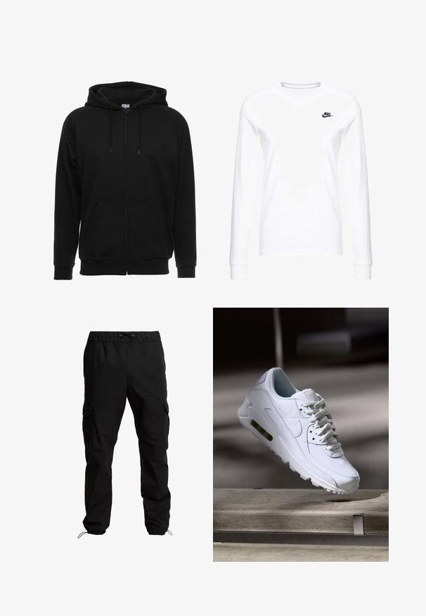 Sort hættejakke med lynlås lavet af blødt materiale, med hætte, frontlommer og ribstrikkede manchetter. Enkel design uden mønstre eller accenter.; Hvid langærmet T-shirt lavet af bomuld, med et lille sort Nike-logo på venstre bryst og en rund halsudskæring. Glat tekstur.; Sorte cargobukser lavet af slidstærkt stof, med elastisk talje, justerbare snore og sidelommer med klaplukninger.; Hvide lædersneakers med teksturerede overflader, polstret krave og synlig luftpolstring i sålen. Har snørrebånd og et minimalistisk design.