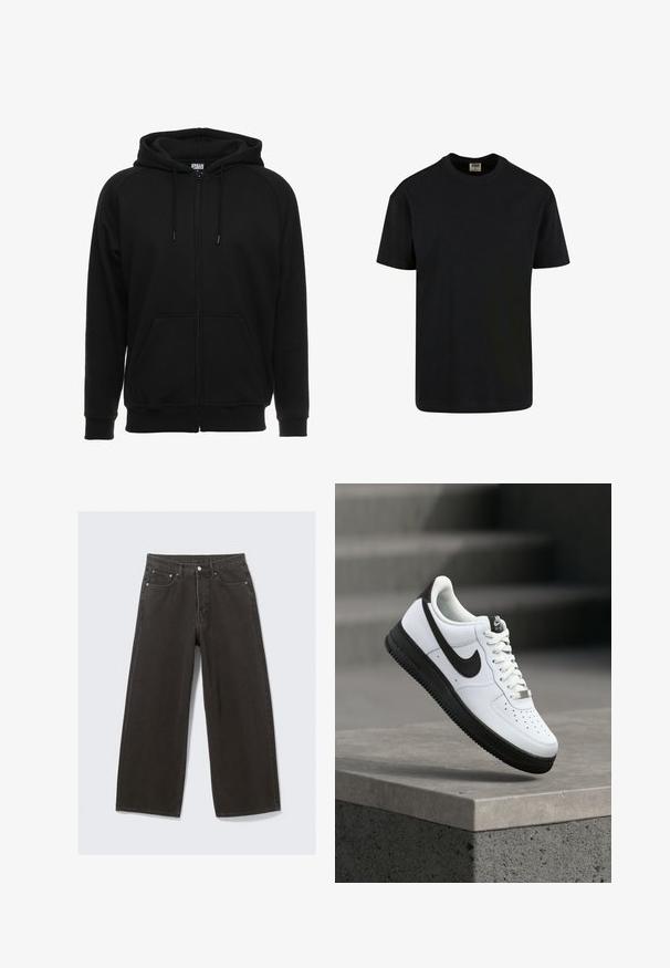 Sort hættejakke med lynlås lavet af blødt materiale, med hætte, frontlommer og ribstrikkede manchetter. Enkel design uden mønstre eller accenter.; Urban Classics SHORTSLEEVE - T-shirts basic - black; Bredde ben sorte denim jeans har høj talje, fem-lomme design og knaplukning foran. Stoffet har en blød, tekstureret overflade.; Hvid lædersneaker med sorte detaljer, rundet tå og perforerede detaljer. Sort gummisål med tekstureret mønster og snørelukning.