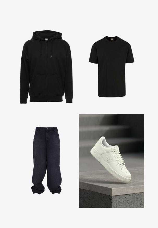Zwarte hoodie met rits gemaakt van zacht materiaal, voorzien van een capuchon, voorzakken en geribbelde boorden. Eenvoudig ontwerp zonder patronen of accenten.; Urban Classics SHORTSLEEVE - T-shirt basic - black; Zwarte oversized baggy jeans met knoop- en ritssluiting aan de voorkant, voorzakken en losse, brede pijpen.; Witte leren sneaker met een laag profiel, een gestructureerd oppervlak, perforaties op de neus en zilverkleurige accenten op de veters en het logo.