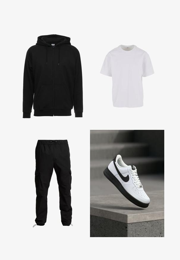 Sort hættejakke med lynlås lavet af blødt materiale, med hætte, frontlommer og ribstrikkede manchetter. Enkel design uden mønstre eller accenter.; Hvid T-shirt med korteærmer lavet af blødt bomuld, med rund halsudskæring og en afslappet pasform med lige kant. Ingen mønstre eller detaljer synlige.; Sorte cargobukser lavet af slidstærkt stof, med elastisk talje, justerbare snore og sidelommer med klaplukninger.; Hvid lædersneaker med sorte detaljer, rundet tå og perforerede detaljer. Sort gummisål med tekstureret mønster og snørelukning.