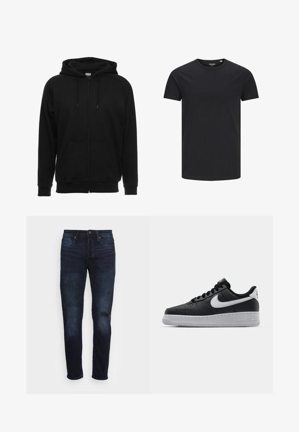 Sort hættejakke med lynlås lavet af blødt materiale, med hætte, frontlommer og ribstrikkede manchetter. Enkel design uden mønstre eller accenter.; Sort bomulds T-shirt med rund hals, korte ærmer og et enkelt design. Glat tekstur, ingen mønstre eller synligt tilbehør.; Mørke denim jeans med slim fit, fem lommers design, diskret falmning og slidte detaljer med huller foran.; Sort lædersneaker med tekstureret overflade, hvid Nike swoosh, grå sål, rund tå og snørebåndsdesign. Har perforeringer på tåboksen.