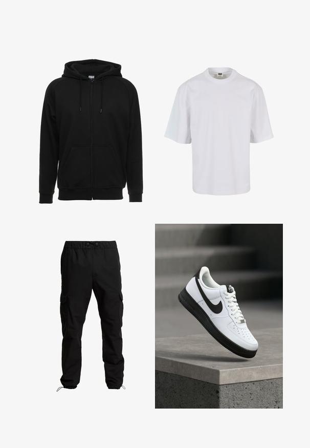 Zwarte hoodie met rits gemaakt van zacht materiaal, voorzien van een capuchon, voorzakken en geribbelde boorden. Eenvoudig ontwerp zonder patronen of accenten.; Witte, korte mouw t-shirt van katoen. Beschikt over een ronde hals en een losse pasvorm met een gladde textuur en geen zichtbare patronen of graphics.; Zwarte cargobroek van duurzaam materiaal, met een elastische tailleband, verstelbare trekkoorden en zijzakken met kleppen.; Witte leren sneaker met zwarte accenten, afgeronde neus en geperforeerde details. Zwarte rubberen zool met een gestructureerd patroon en vetersluiting.